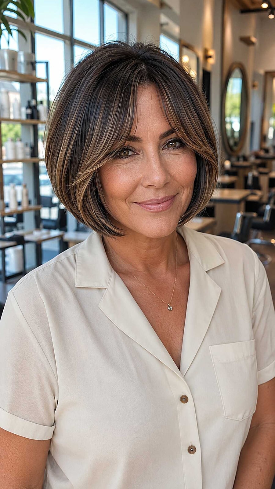 Polished Chin Bob With Sharp Line And Caramel Highlight Curtain Bangs Polished Chin Bob With Sharp Line And Caramel Highlight Curtain Bangs — Classy Bob with Curtain Bangs