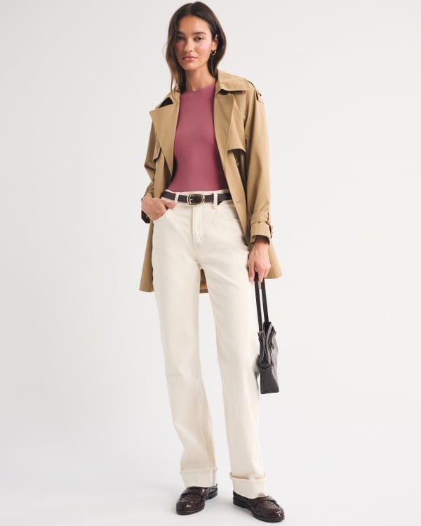 Pink Ribbed Bodysuit Under Trench Coat With Cream Trousers Pink Ribbed Bodysuit Under Trench Coat With Cream Trousers — Classy Bodysuit Outfits