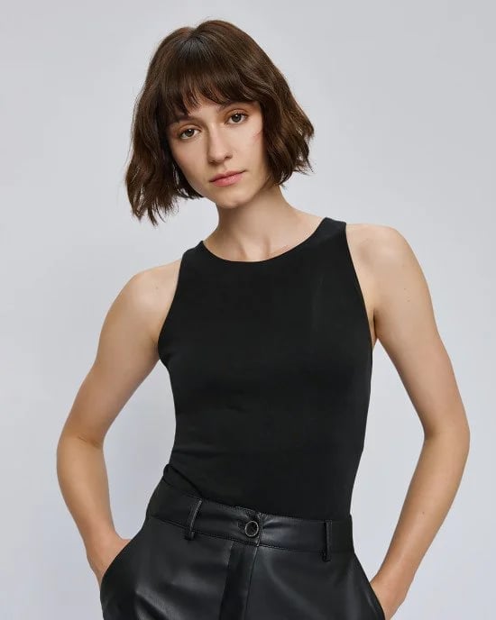 Black Sleeveless High Neck Bodysuit Black Sleeveless High Neck Bodysuit — Classy Bodysuit Outfits