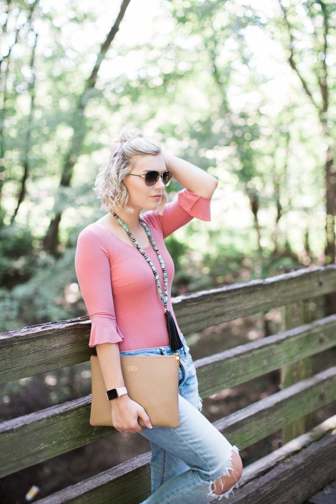 Pink Bell Sleeve Bodysuit With Ripped Jeans Pink Bell Sleeve Bodysuit With Ripped Jeans — Classy Bodysuit Outfits