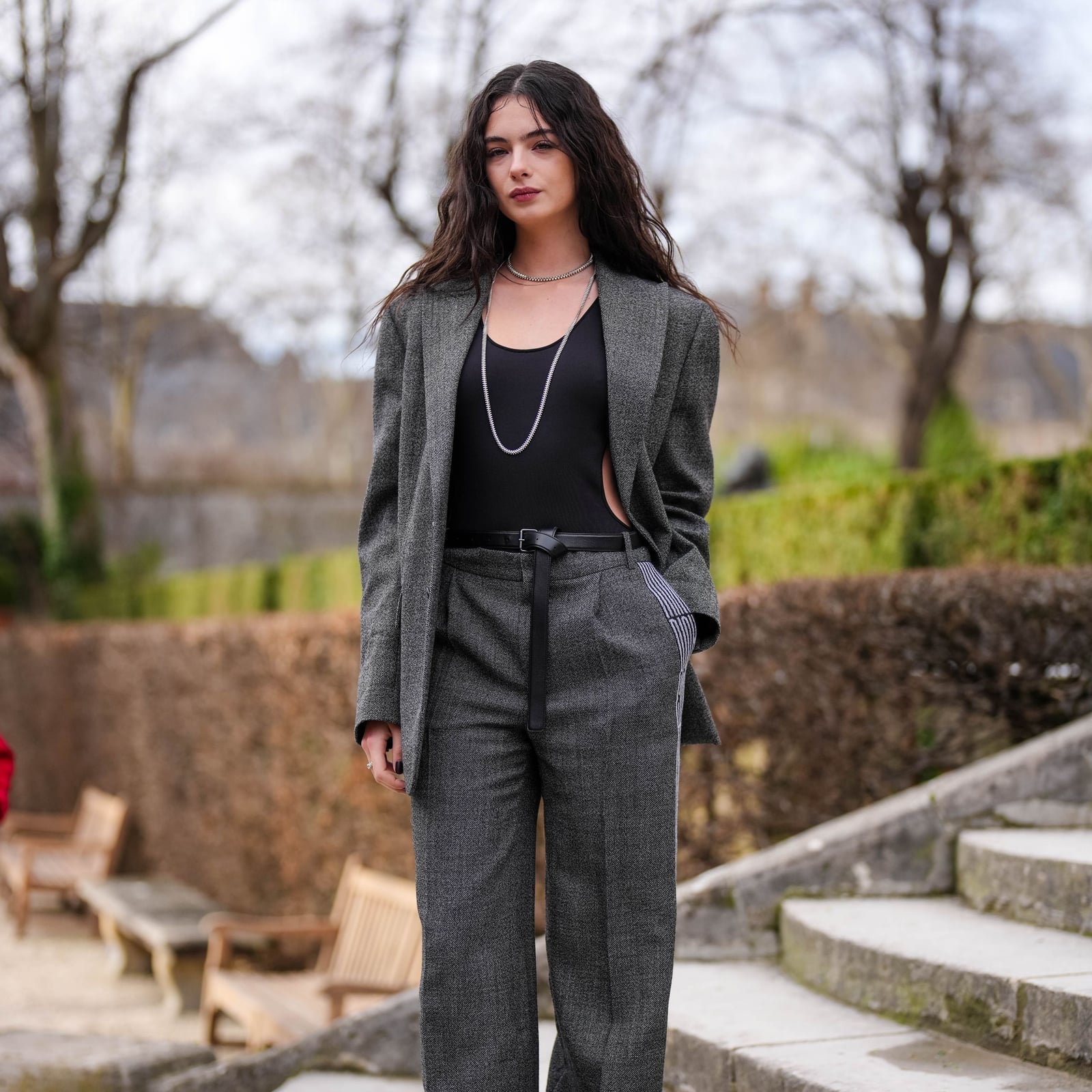 Black Bodysuit Under Oversized Grey Blazer With Trousers Black Bodysuit Under Oversized Grey Blazer With Trousers — Classy Bodysuit Outfits