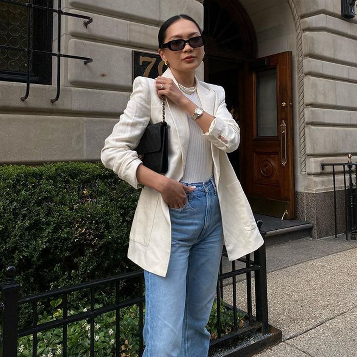 White Ribbed Bodysuit With Cream Blazer And Jeans White Ribbed Bodysuit With Cream Blazer And Jeans — Classy Bodysuit Outfits