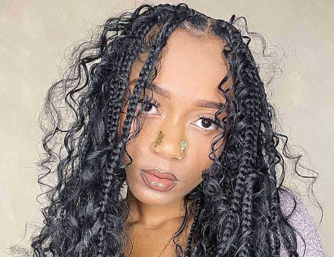 Medium Black Knotless Braids With Curly Ends, Mid-Back — Classy Boho Knotless Braids