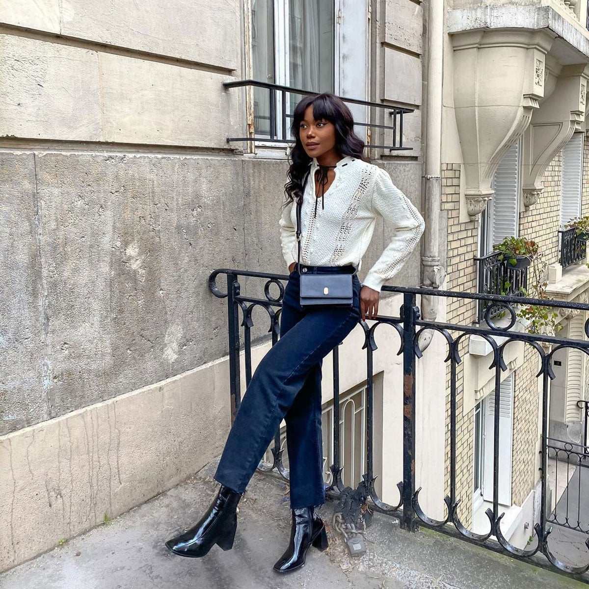 Straight Leg Jeans with a Crochet Sweater and Block Heel Boots — Classy Boots Outfit Jeans