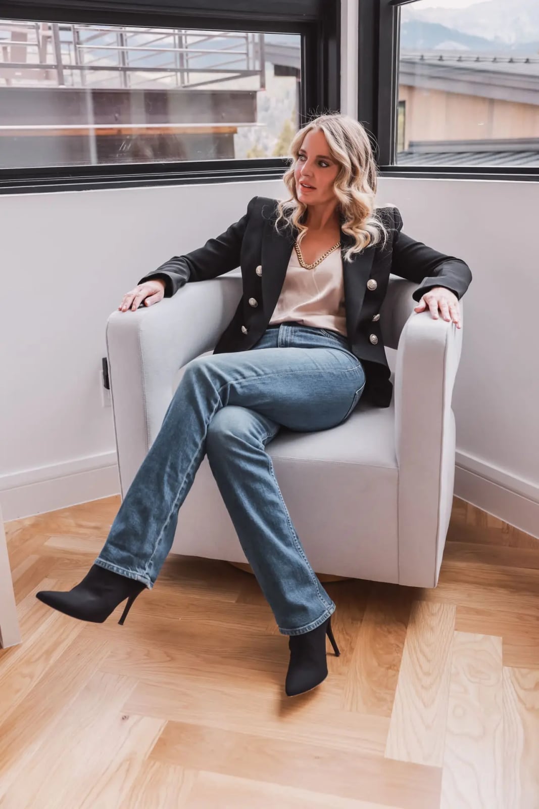 Flare Jeans with a Silk Camisole and Double-Breasted Blazer with Ankle — Classy Boots Outfit Jeans