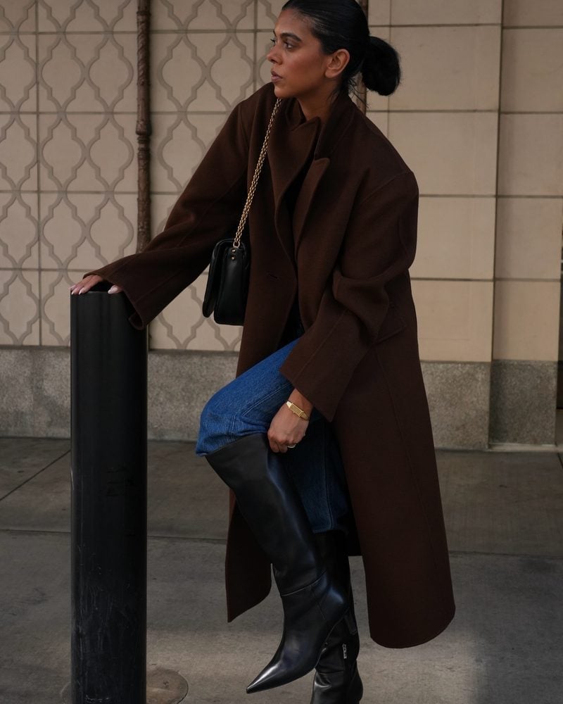 Straight Leg Jeans with an Oversized Wool Coat and Knee-High Boots — Classy Boots Outfit Jeans