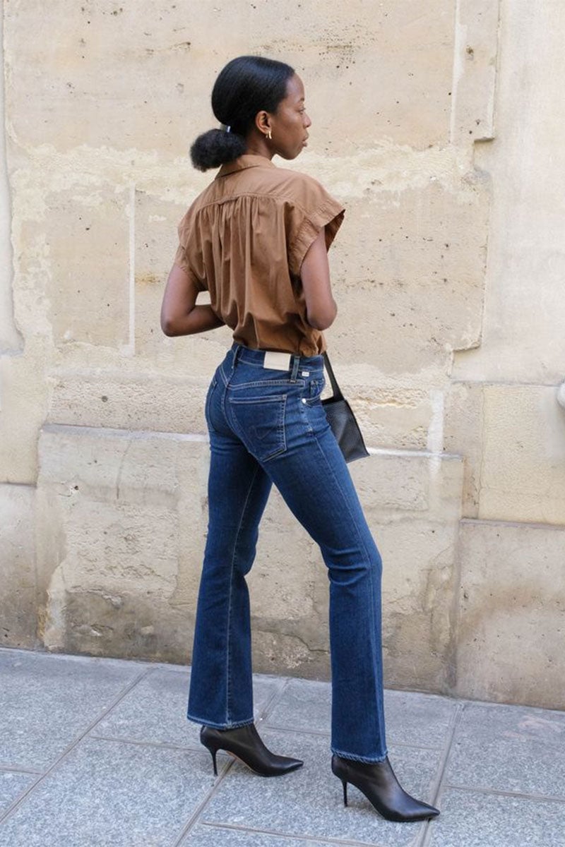 Bootcut Jeans with a Collared Shirt and Black Ankle Boots — Classy Boots Outfit Jeans