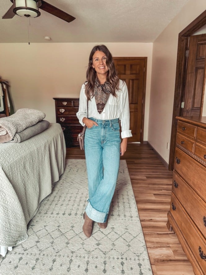 Wide Leg Cuffed Jeans with a Button-Down Shirt and Ankle Boots — Classy Boots Outfit Jeans