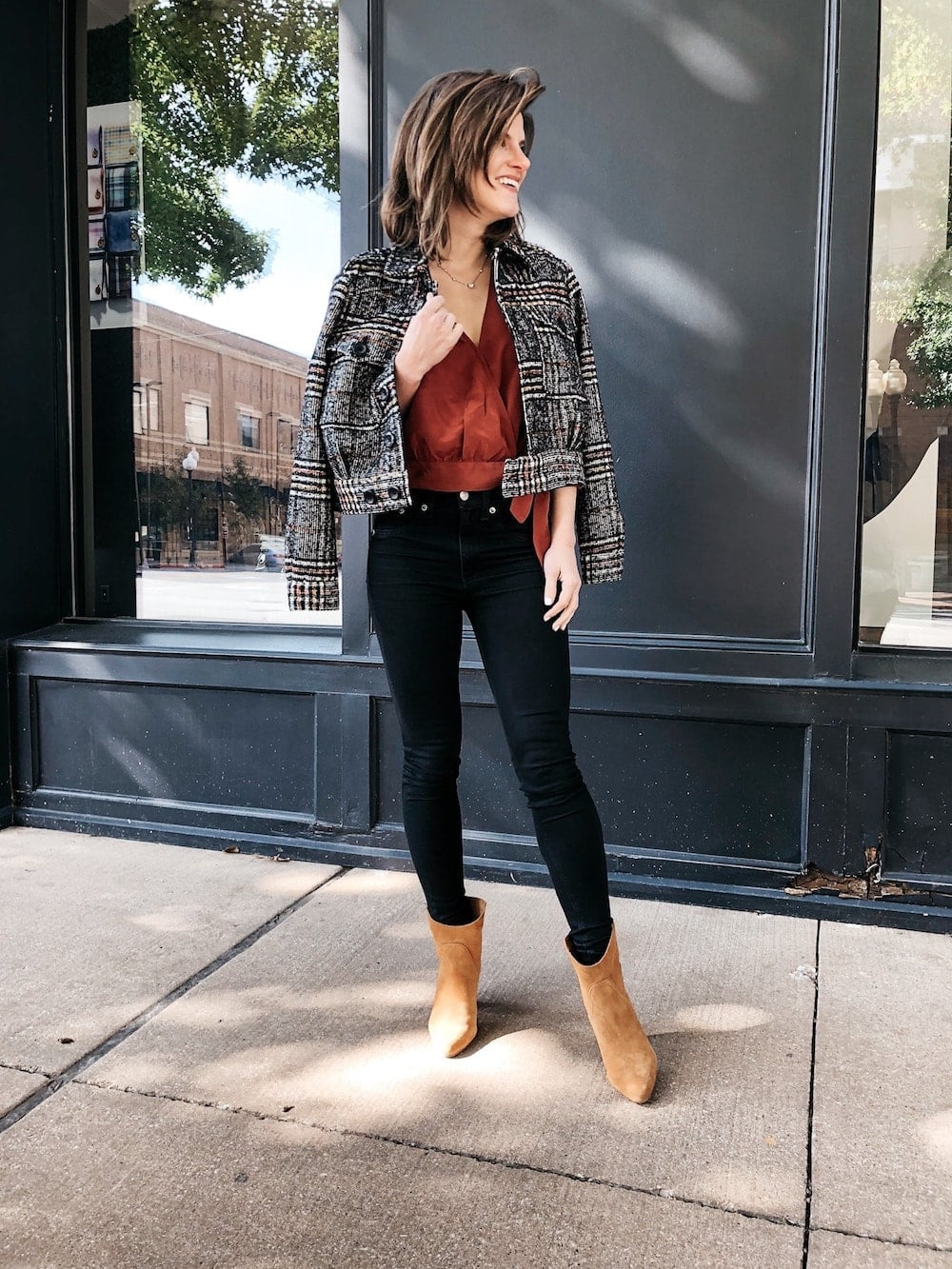 Slim Fit Jeans with a Plaid Jacket and Suede Ankle Boots — Classy Boots Outfit Jeans