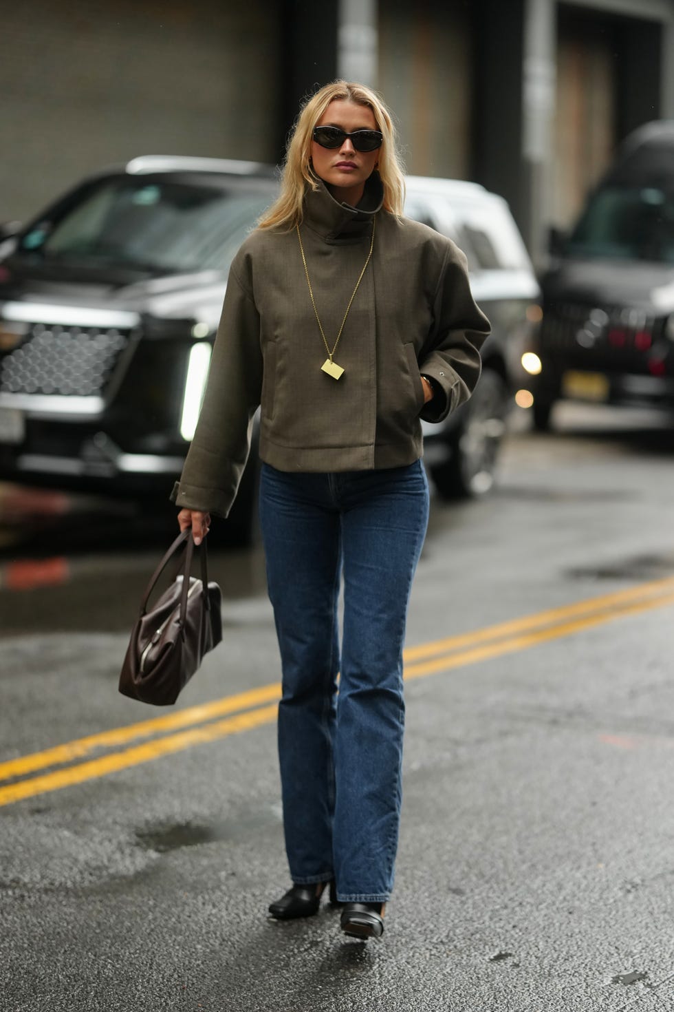 Dark Wash Straight Leg Jeans with an Asymmetrical Jacket and Low Heel — Classy Boots Outfit Jeans