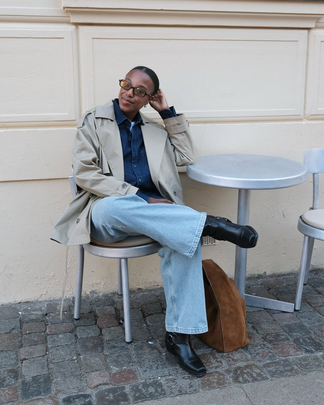 Light Wash Wide Leg Jeans with a Denim Shirt and Trench Coat — Classy Boots Outfit Jeans