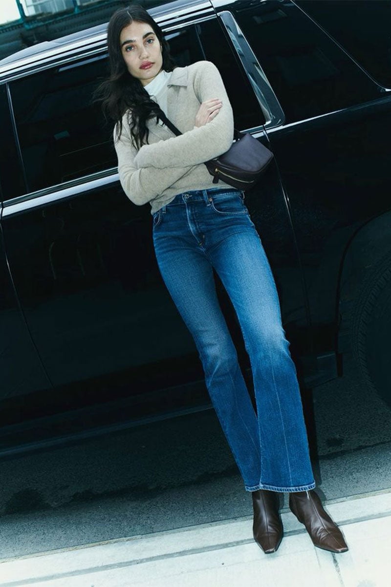 Flare Jeans with a Knit Sweater and Pointed Toe Boots — Classy Boots Outfit Jeans