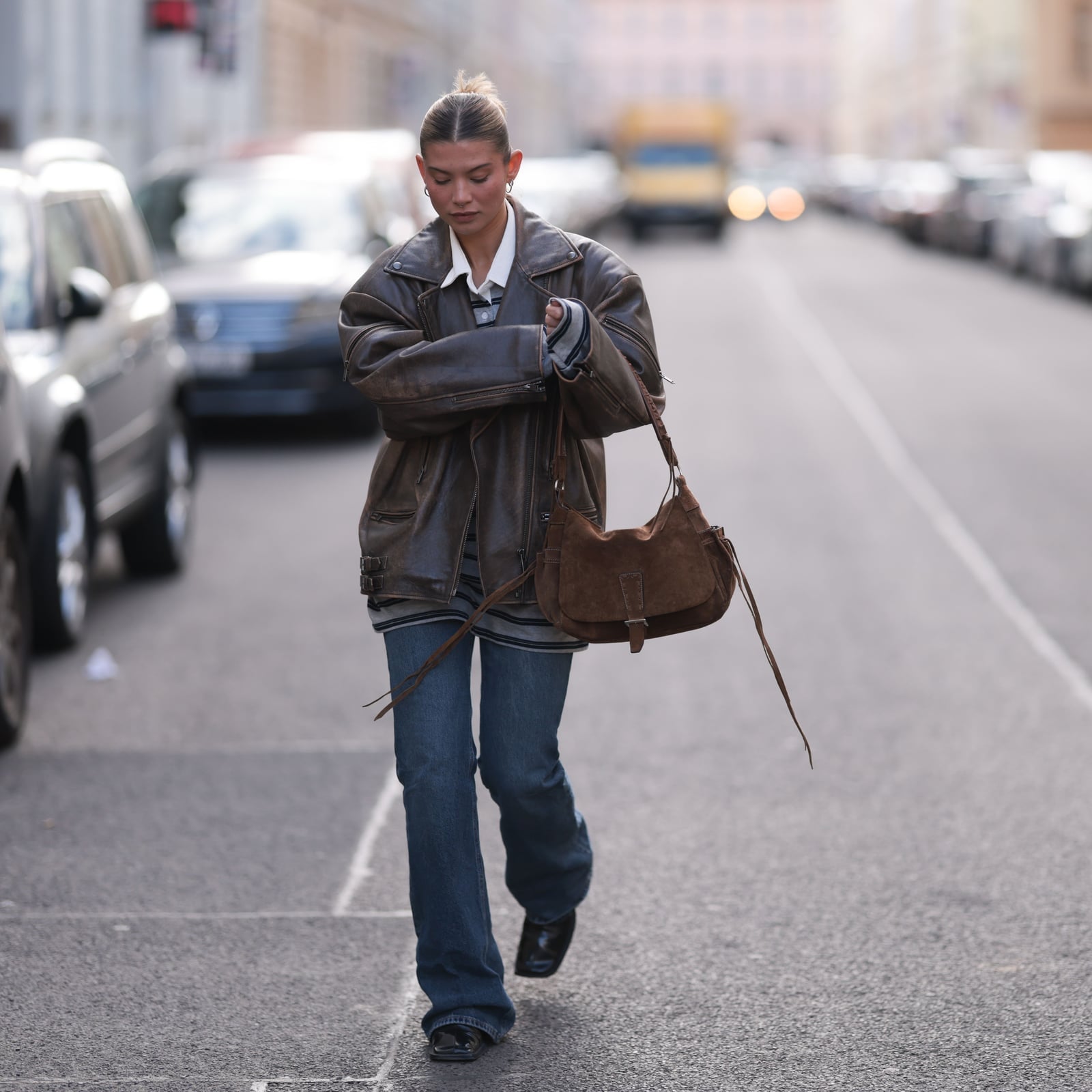 Baggy Jeans with an Oversized Leather Jacket and Patent Loafers — Classy Boots Outfit Jeans