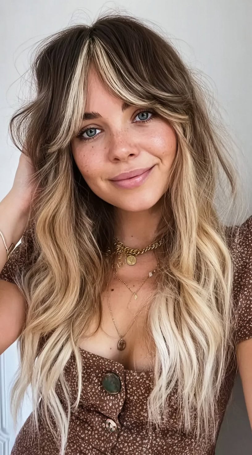 Long Dark Blonde With Bottleneck Bangs and Loose Waves Long Dark Blonde With Bottleneck Bangs and Loose Waves — Classy Bottleneck Bangs