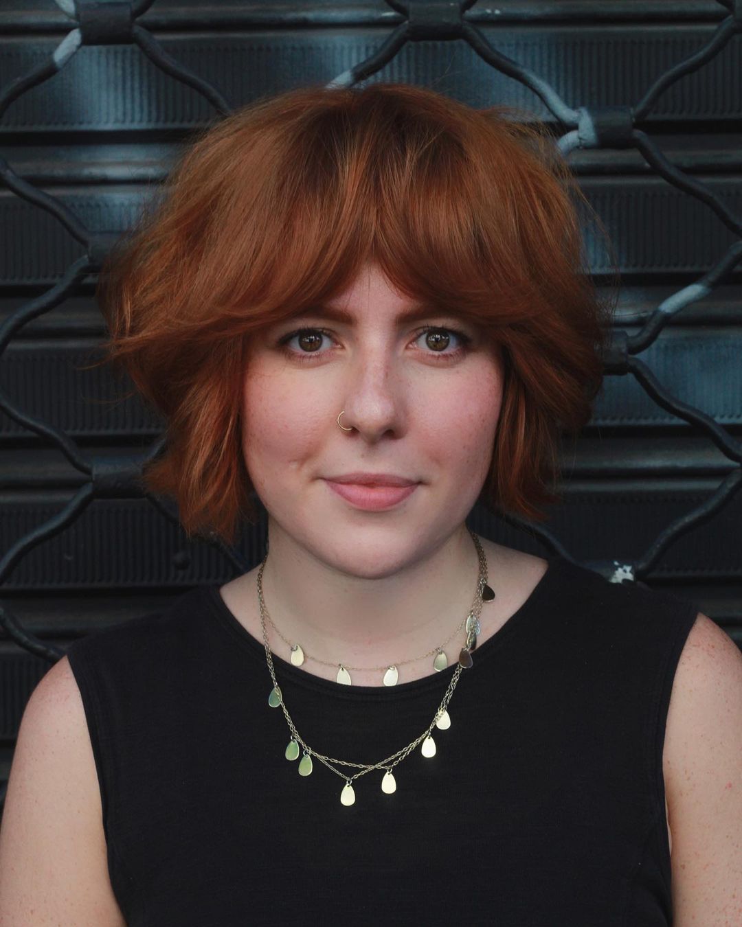 Collarbone Copper Shag With Curtain Bangs Collarbone Copper Shag With Curtain Bangs — Classy Bottleneck Bangs