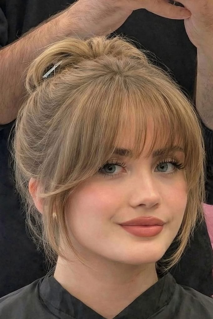 Shoulder Length Light Brown With Bottleneck Bangs Shoulder Length Light Brown With Bottleneck Bangs — Classy Bottleneck Bangs