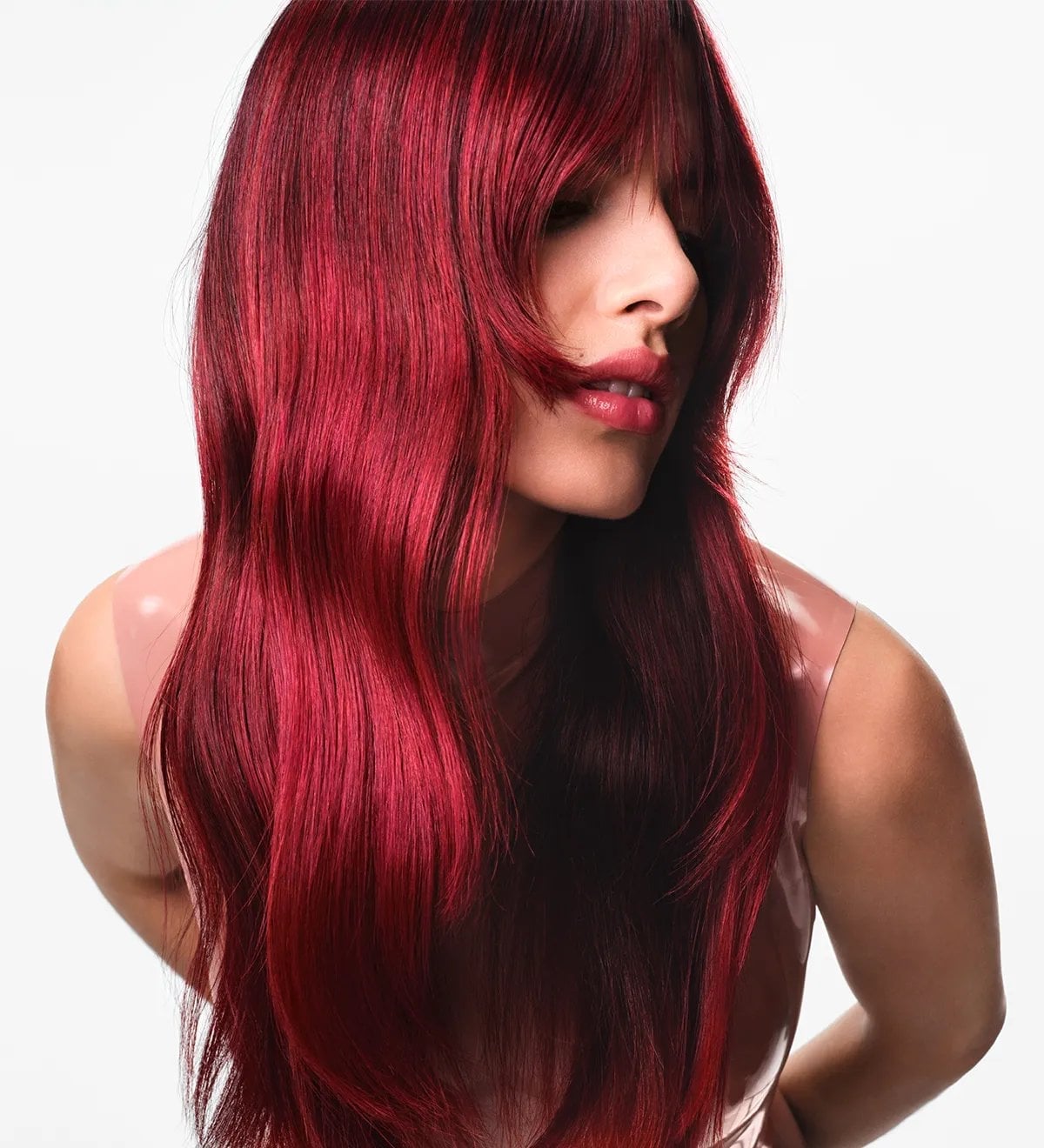 Mid-Back Vibrant Red With Curtain Bangs Mid-Back Vibrant Red With Curtain Bangs — Classy Bottleneck Bangs