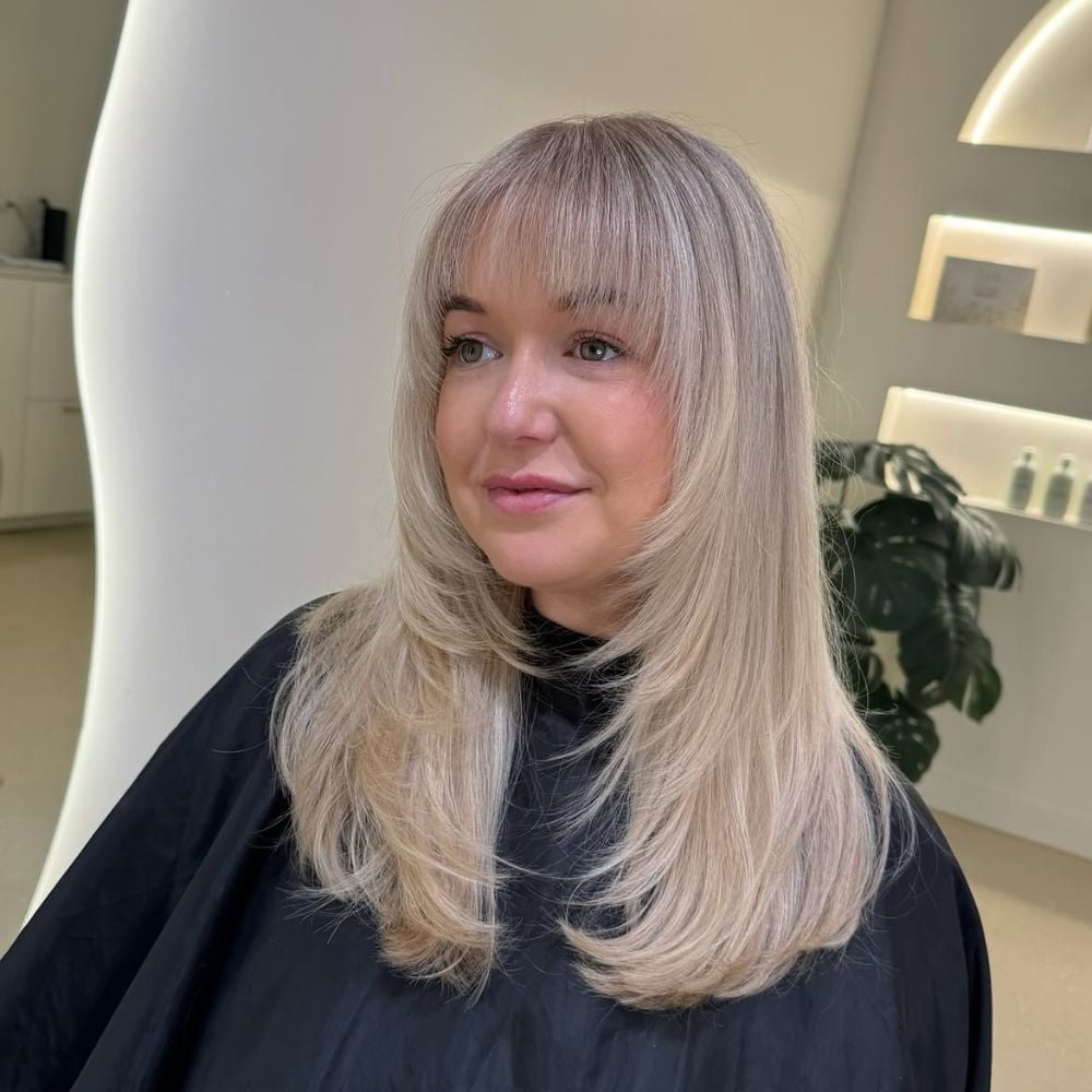 Collarbone Ash Blonde With Curtain Bangs, Straight Collarbone Ash Blonde With Curtain Bangs, Straight — Classy Bottleneck Bangs