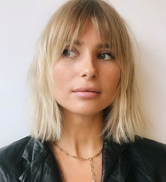 Chin Length Ash Blonde Blunt Bob With Blunt Bangs, Close-Up Take Chin Length Ash Blonde Blunt Bob With Blunt Bangs, Close-Up Take — Classy Bottleneck Bangs