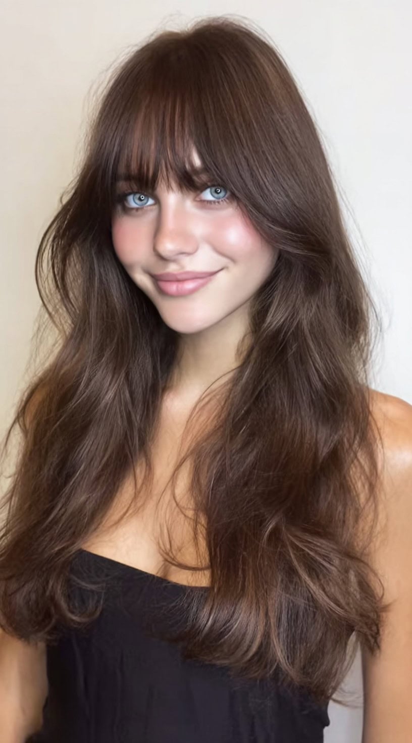 Long Wavy Dark Blonde With Bottleneck Bangs Long Wavy Dark Blonde With Bottleneck Bangs — Classy Bottleneck Bangs