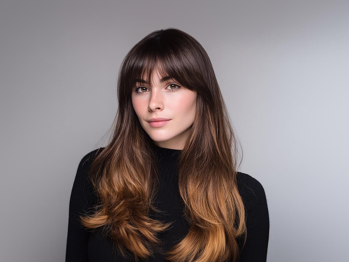 Mid-Back Dark Brown With Full Bangs, Middle Mid-Back Dark Brown With Full Bangs, Middle — Classy Bottleneck Bangs