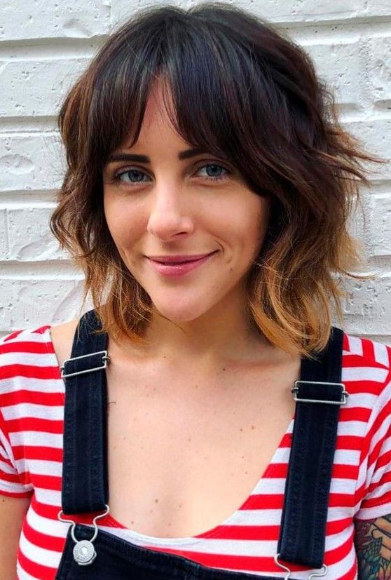 Mid-Back Dark Brown Balayage With Bottleneck Bangs and Long Layers Mid-Back Dark Brown Balayage With Bottleneck Bangs and Long Layers — Classy Bottleneck Bangs