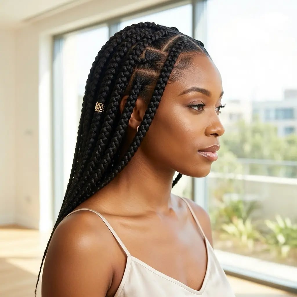 Shoulder Length Box Braids With Gold Accessories Shoulder Length Box Braids With Gold Accessories — Classy Box Braids Hairstyles