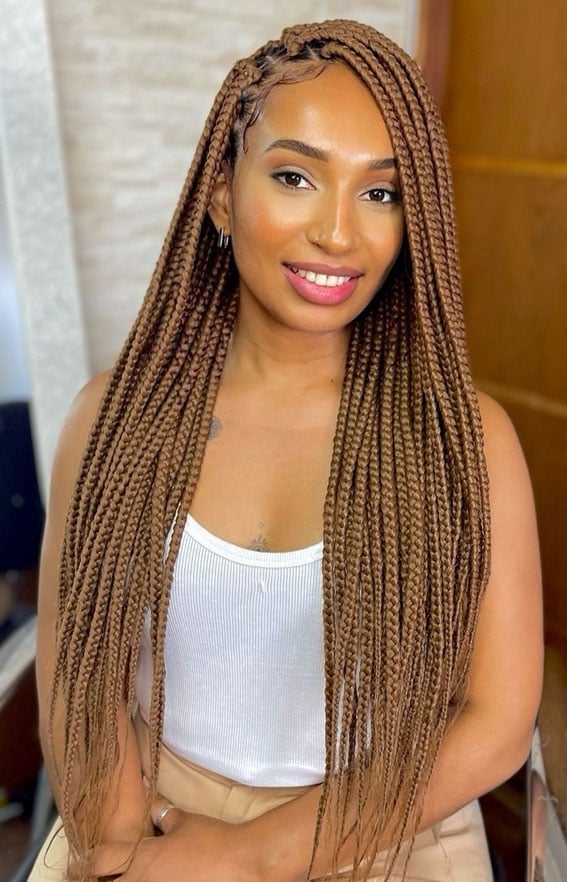 Honey Brown Box Braids To Mid-Back, Straight Honey Brown Box Braids To Mid-Back, Straight — Classy Box Braids Hairstyles
