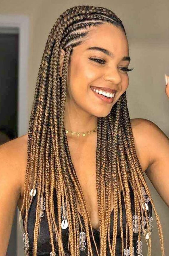 Golden Brown Box Braids With Shell Charms Golden Brown Box Braids With Shell Charms — Classy Box Braids Hairstyles