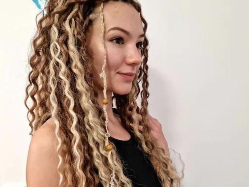 Mid-Back Braided Locs With Decorative Beads, Curly Mid-Back Braided Locs With Decorative Beads, Curly — Classy Braids Locs