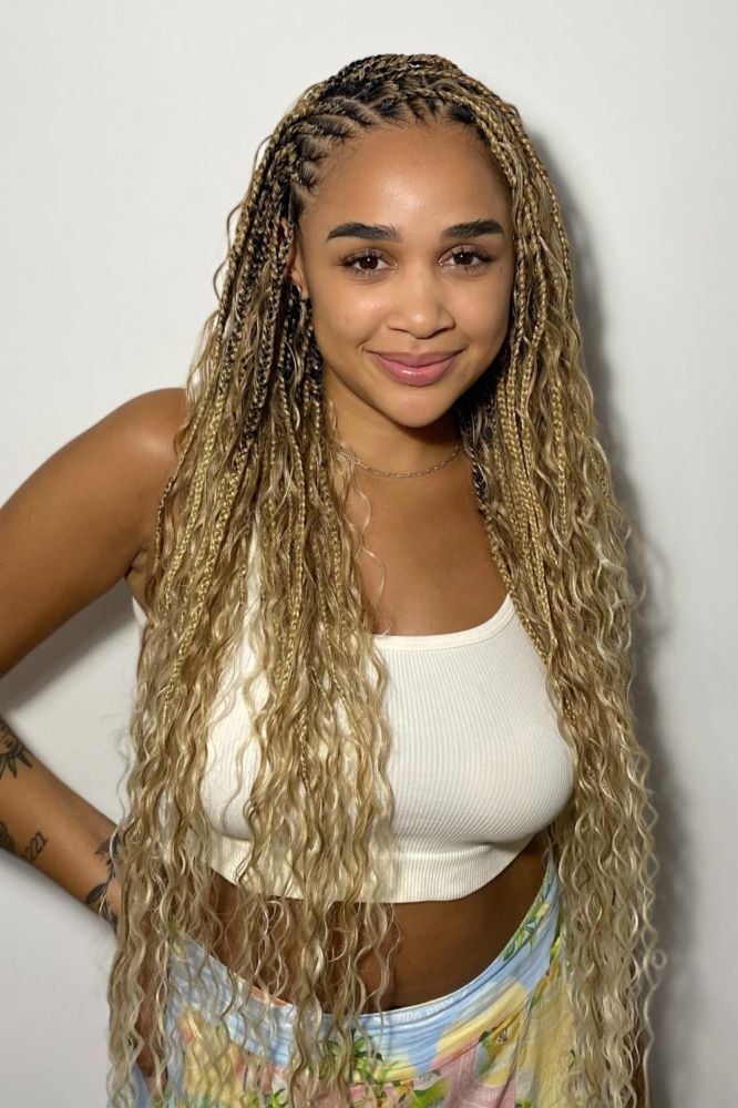Long Blonde and Brown Braids With Curls Long Blonde and Brown Braids With Curls — Classy Braids Styles