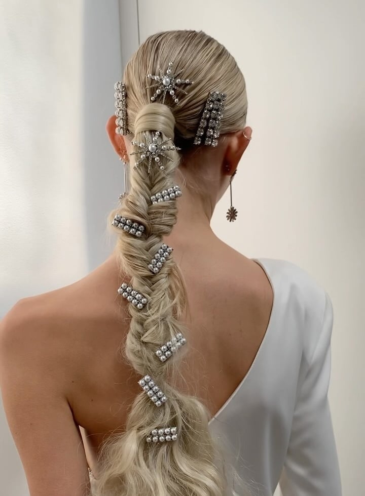 Platinum Blonde Braid with Ornate Accessories — Classy Braids to the Side