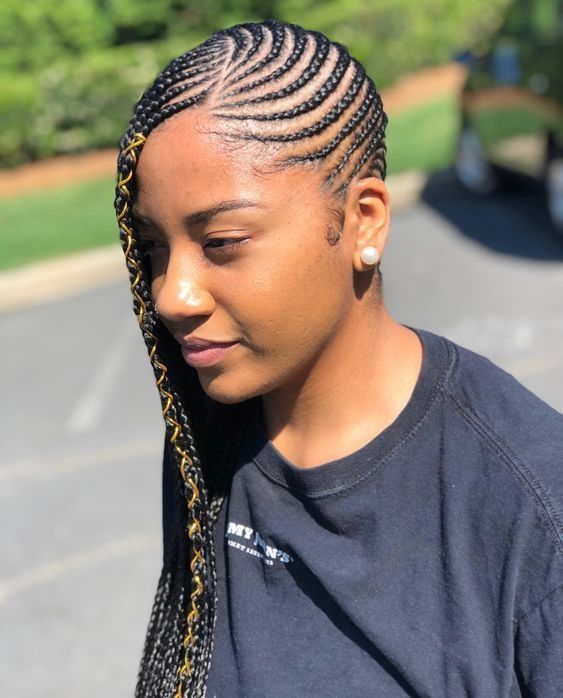 Black Cornrows with Gold Thread Accents — Classy Braids to the Side