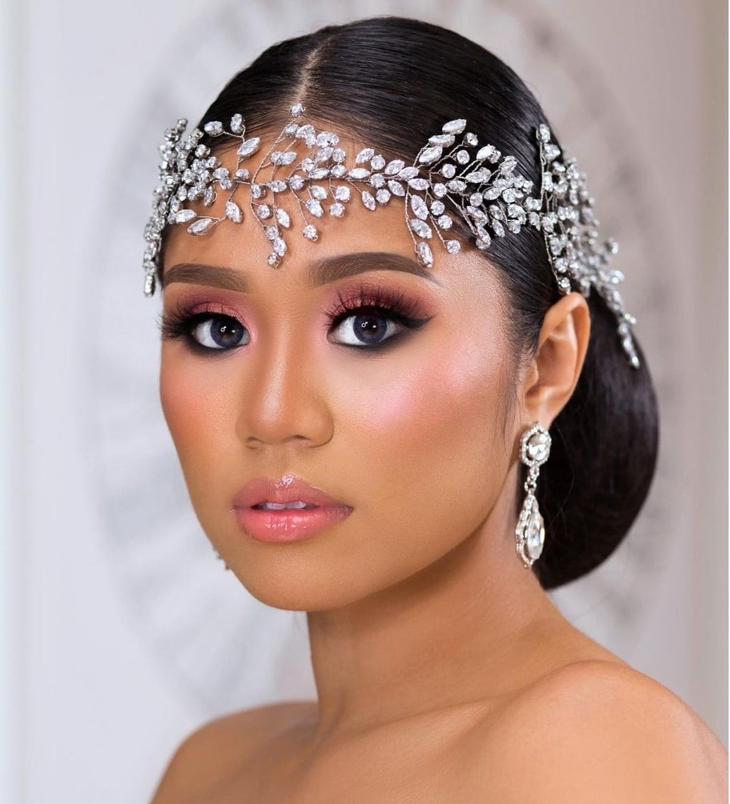 Dark Brown Low Bun With Headpiece, Straight Dark Brown Low Bun With Headpiece, Straight — Classy Bridal Bun