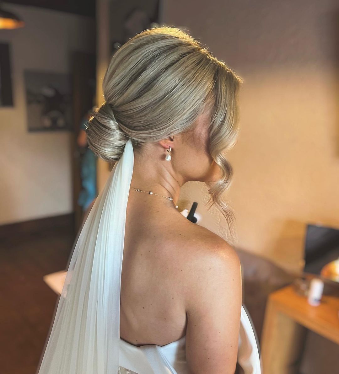 Ash Blonde Low Updo With Veil Ash Blonde Low Updo With Veil — Classy Bridal Bun