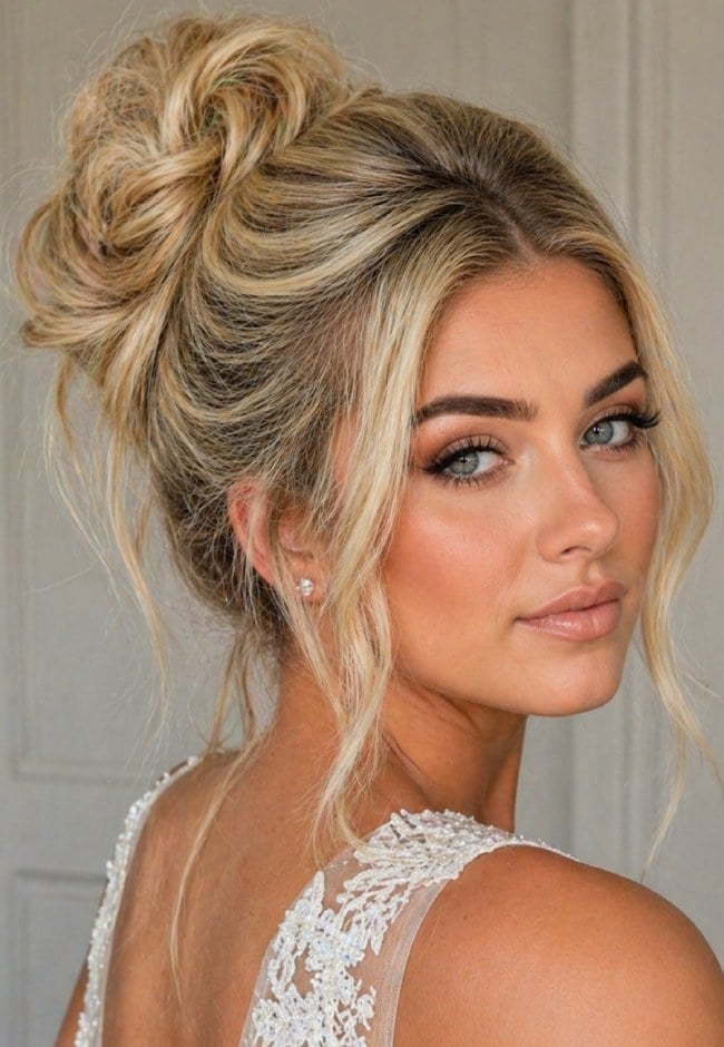 Ash Blonde Messy High Bun With Curtain Bangs Ash Blonde Messy High Bun With Curtain Bangs — Classy Bridal Bun