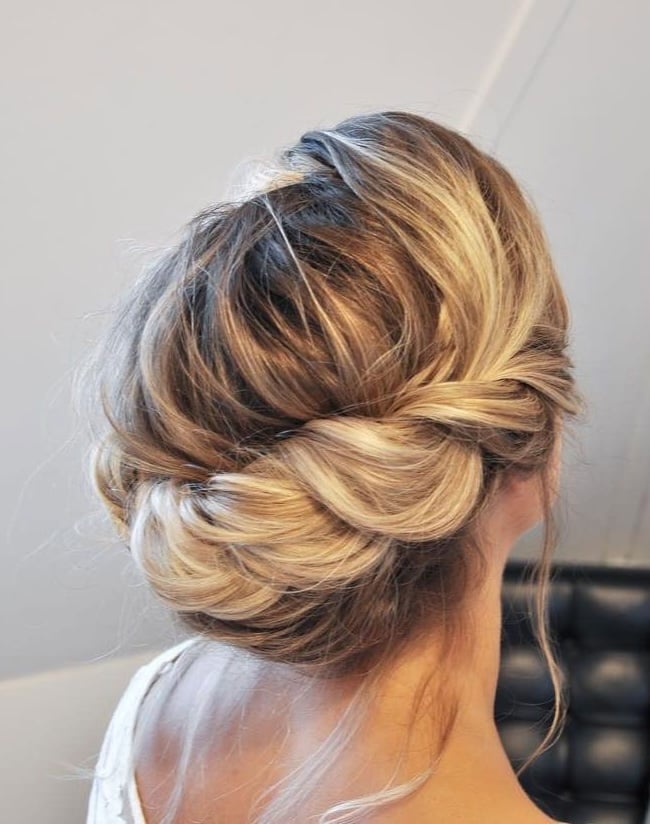 Blonde Braided Twisted Low Bun, Wavy Blonde Braided Twisted Low Bun, Wavy — Classy Bridal Bun