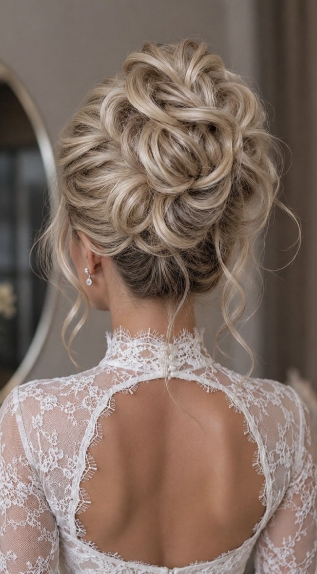 Voluminous Blonde Updo With Curls Voluminous Blonde Updo With Curls — Classy Bridal Bun