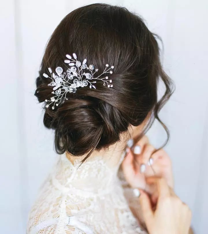 Dark Brown Low Bun With Crystal Accessory Dark Brown Low Bun With Crystal Accessory — Classy Bridal Bun
