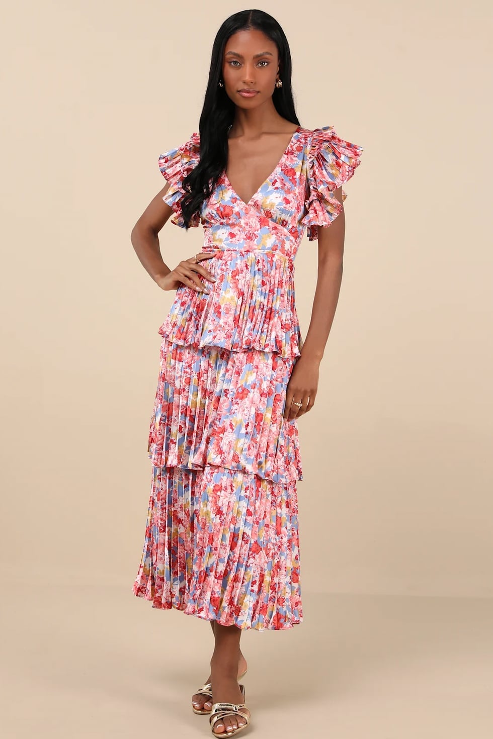 Pink Floral Tiered Midi Dress Pink Floral Tiered Midi Dress — Classy Bridal Shower Outfits for Guest