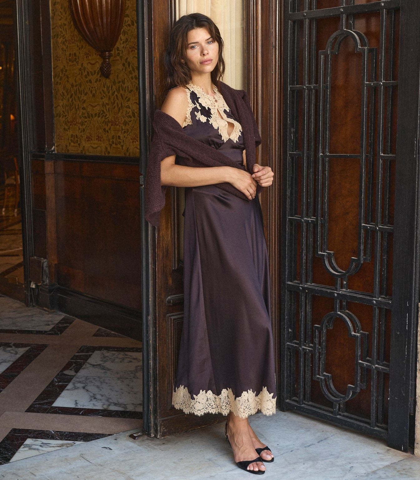Dark Brown Satin Slip Dress with Lace Trim and Black Heeled Sandals Dark Brown Satin Slip Dress with Lace Trim and Black Heeled Sandals — Classy Bridal Shower Outfits for Guest
