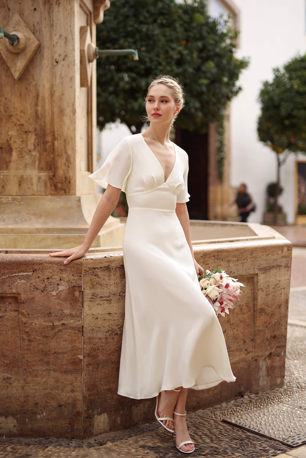 Ivory Satin Midi Dress with Flutter Sleeves Ivory Satin Midi Dress with Flutter Sleeves — Classy Bridal Shower Outfits for Guest