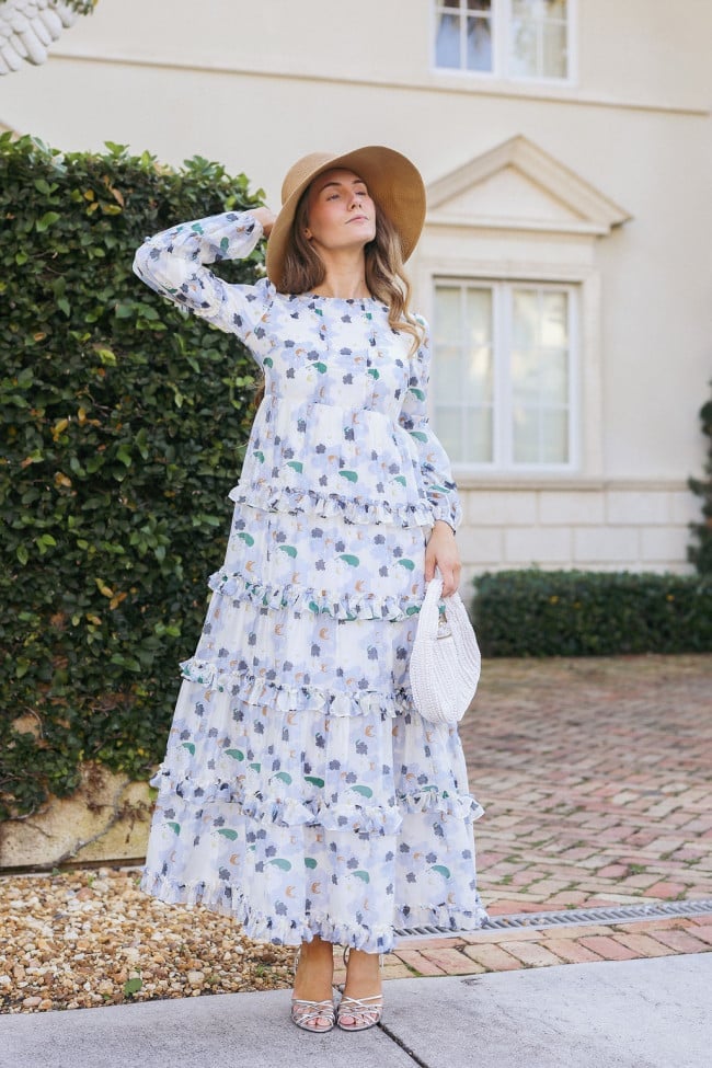 White Tiered Floral Maxi Dress White Tiered Floral Maxi Dress — Classy Bridal Shower Outfits for Guest