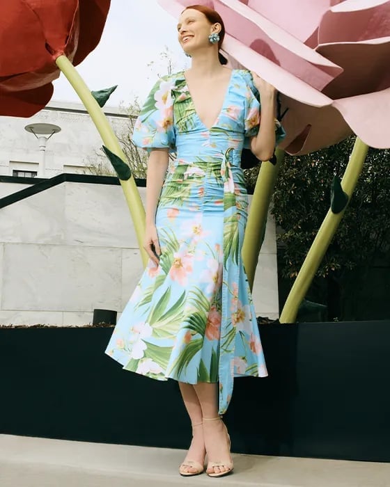 Light Blue Floral Midi Dress with Puff Sleeves Light Blue Floral Midi Dress with Puff Sleeves — Classy Bridal Shower Outfits for Guest