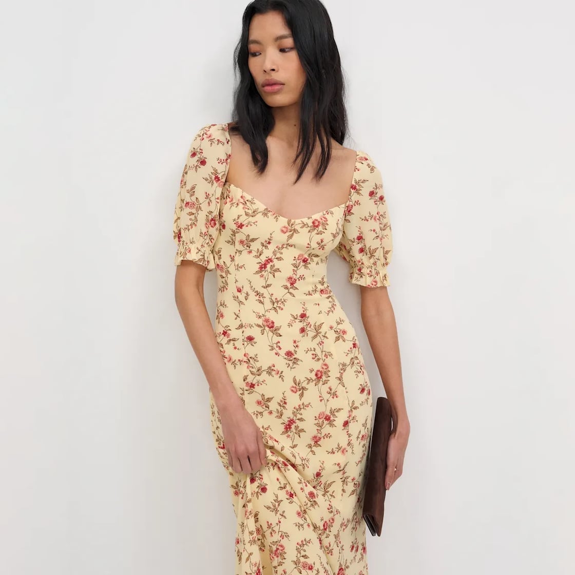 Yellow Floral Puff Sleeve Midi Dress Yellow Floral Puff Sleeve Midi Dress — Classy Bridal Shower Outfits for Guest