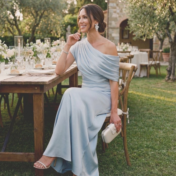Light Blue Satin One-Shoulder Column Dress Light Blue Satin One-Shoulder Column Dress — Classy Bridal Shower Outfits for Guest