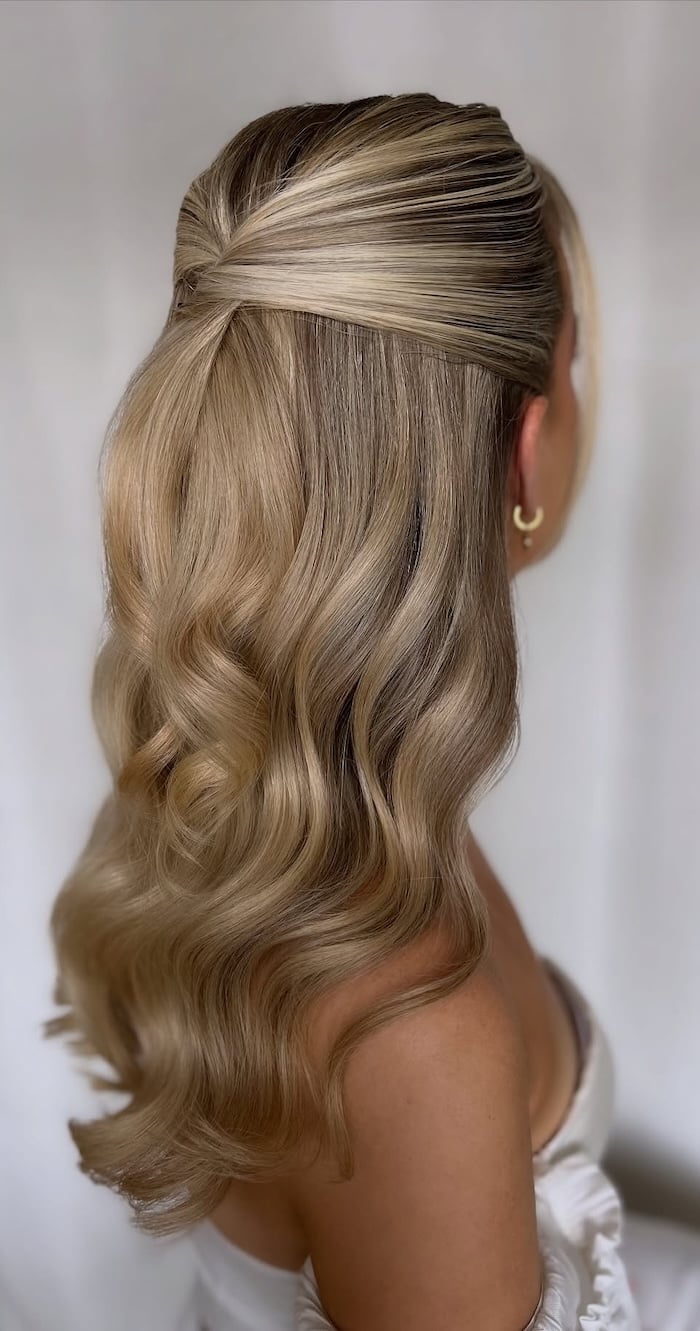 37 Elegant Wedding Hairstyles: Soft Half-Up Bridal Waves