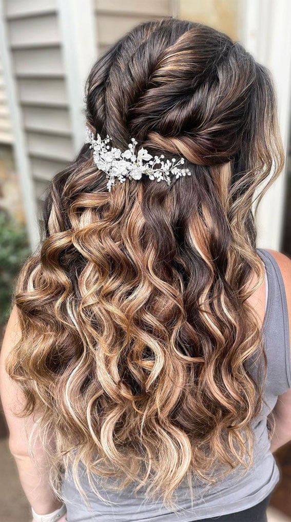 Dark Brown Mid-Back Curls With Blonde Highlights And Accessory — Classy Bridesmaid Hairstyles Half Up