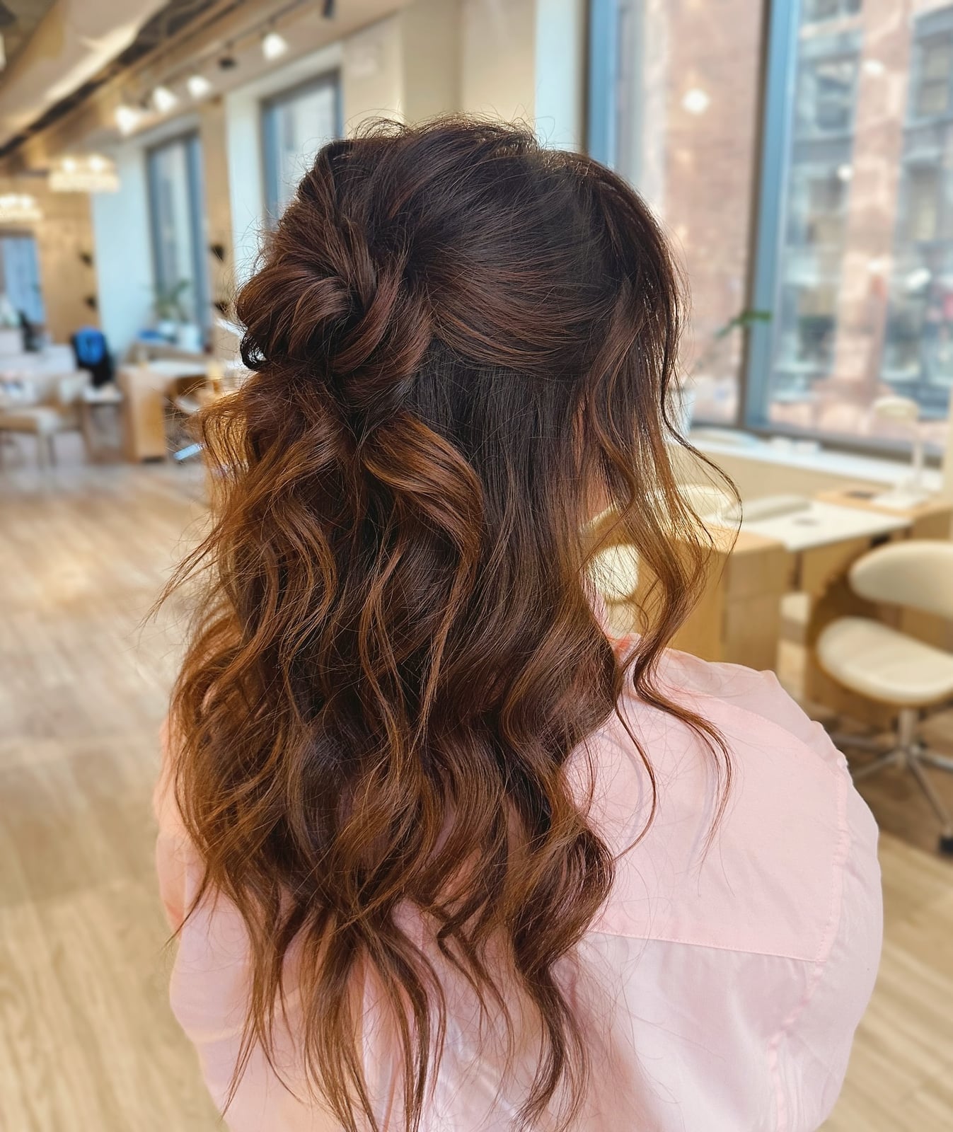 Long Dark Brown Waves With Twisted Knot Detail — Classy Bridesmaid Hairstyles Half Up