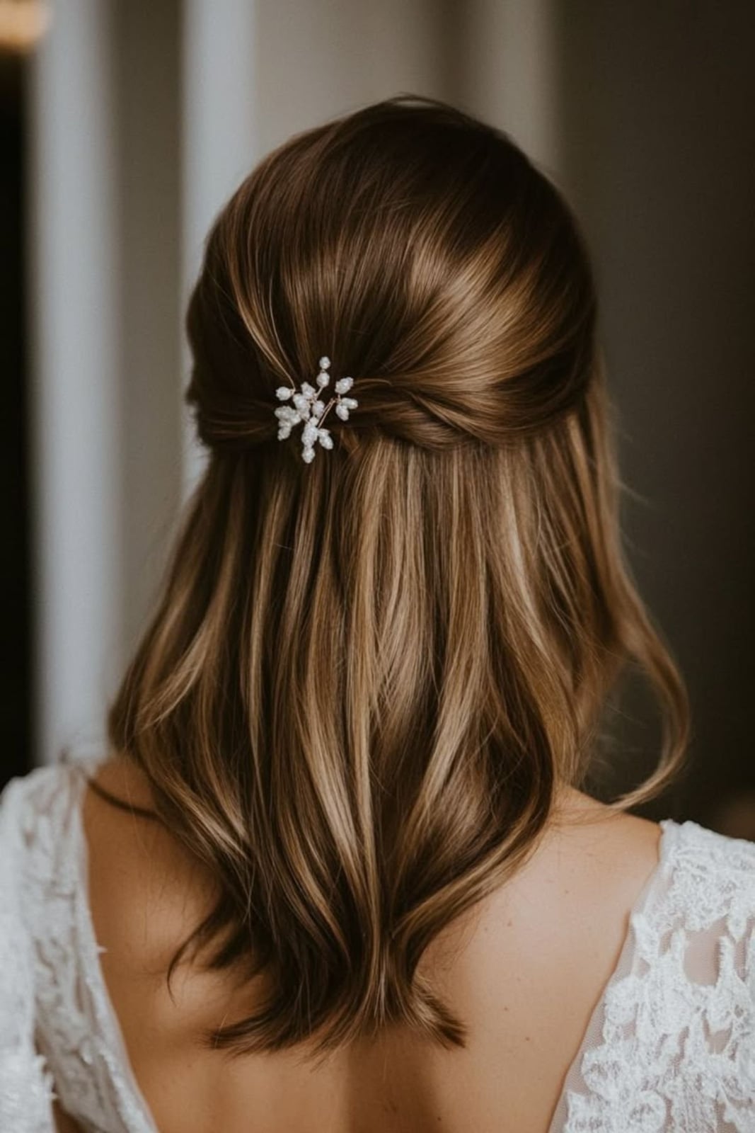 Collarbone Medium Brown Half Up With Twisted Sections And Accessory — Classy Bridesmaid Hairstyles Half Up